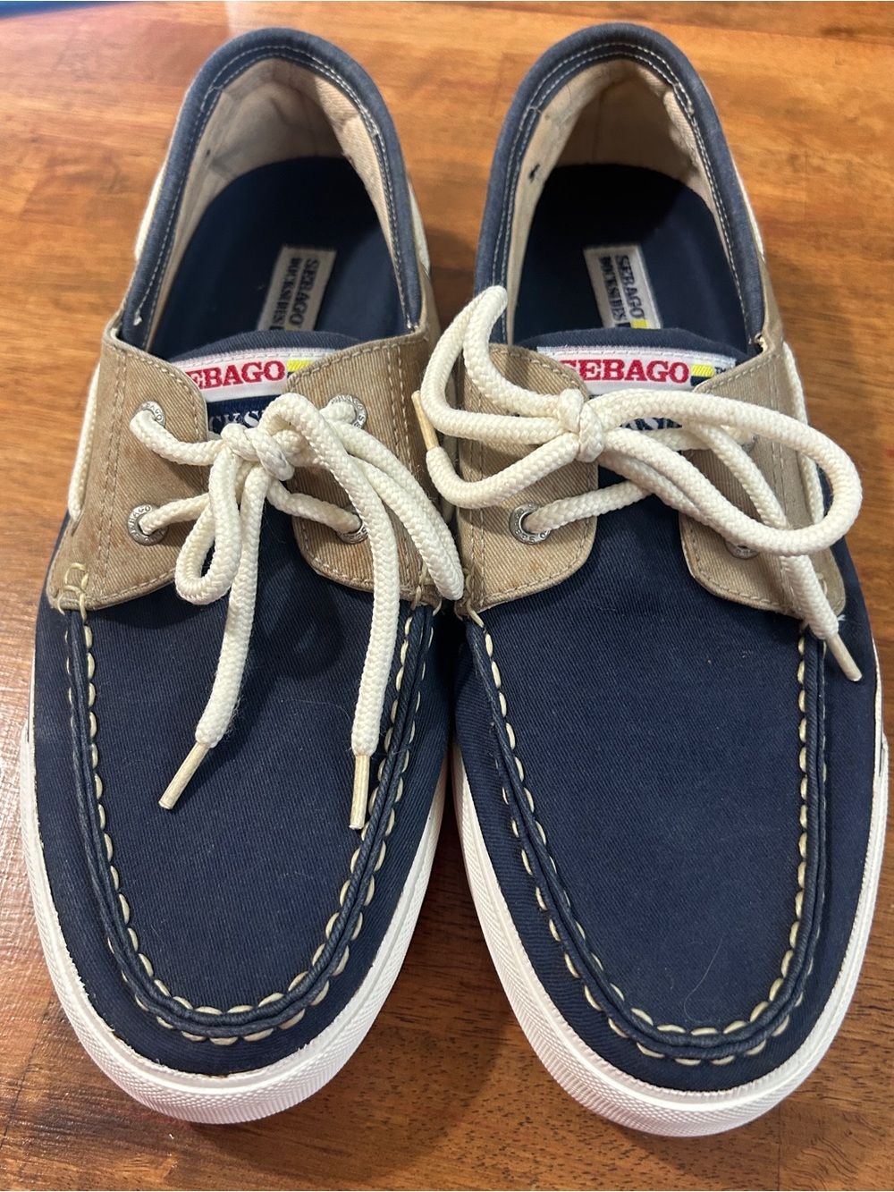 Sebago Navy and Tan Canvas Lace-Up Boat Shoes